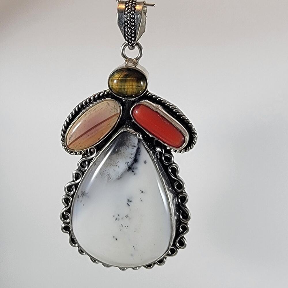 Handmade Silver Pendant With Dendritic Opal, Tiger’s Eye & Jasper Gemstones